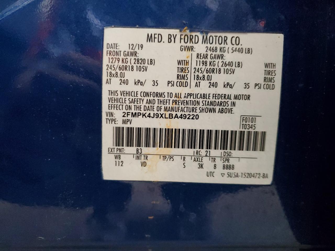 2020 Ford Edge Sel VIN: 2FMPK4J9XLBA49220 Lot: 65230595