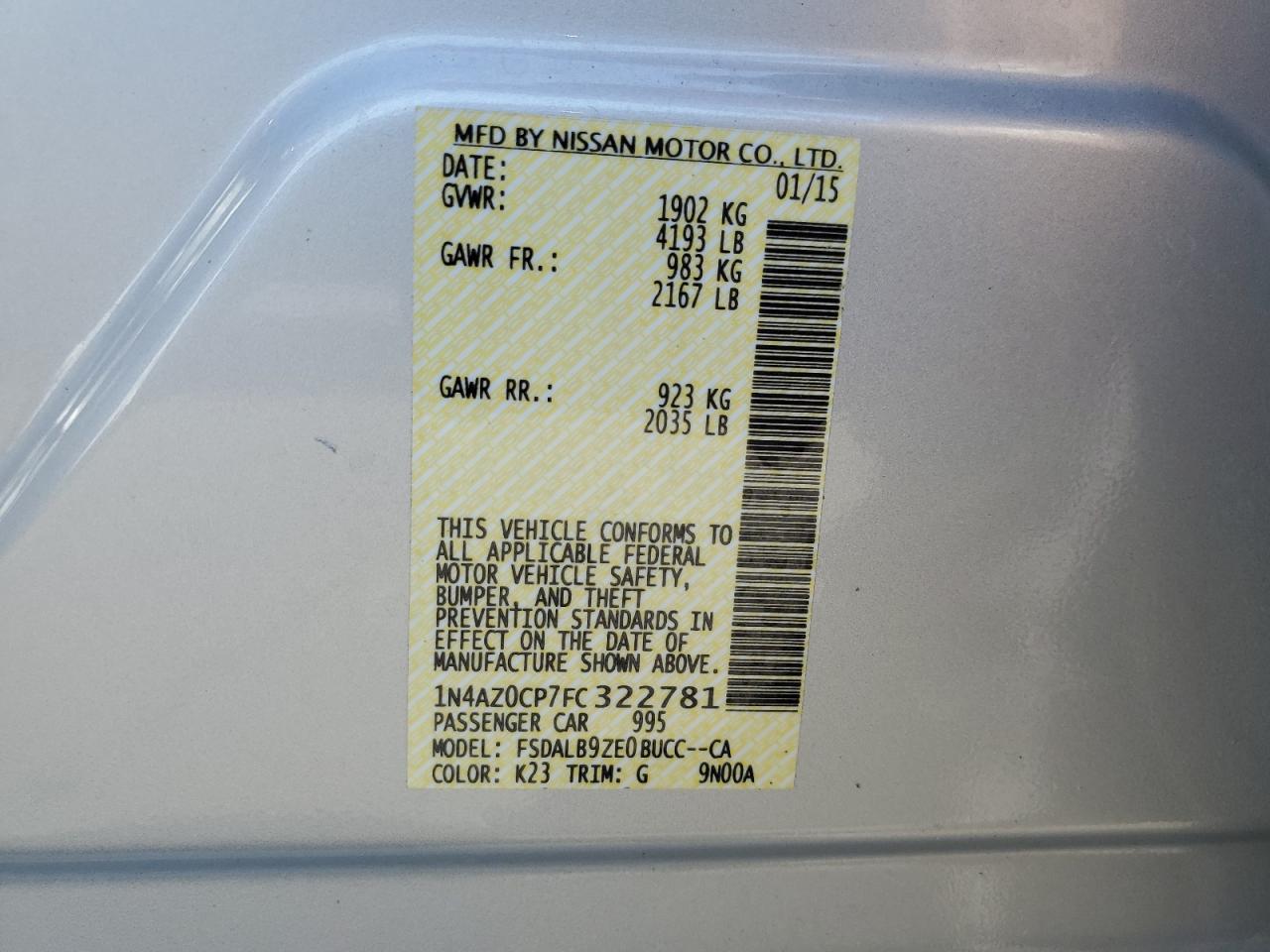 2015 Nissan Leaf S VIN: 1N4AZ0CP7FC322781 Lot: 64660905