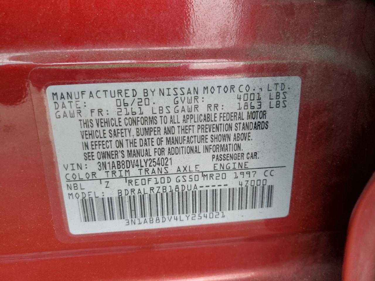 2020 Nissan Sentra Sr VIN: 3N1AB8DV4LY254021 Lot: 64897435