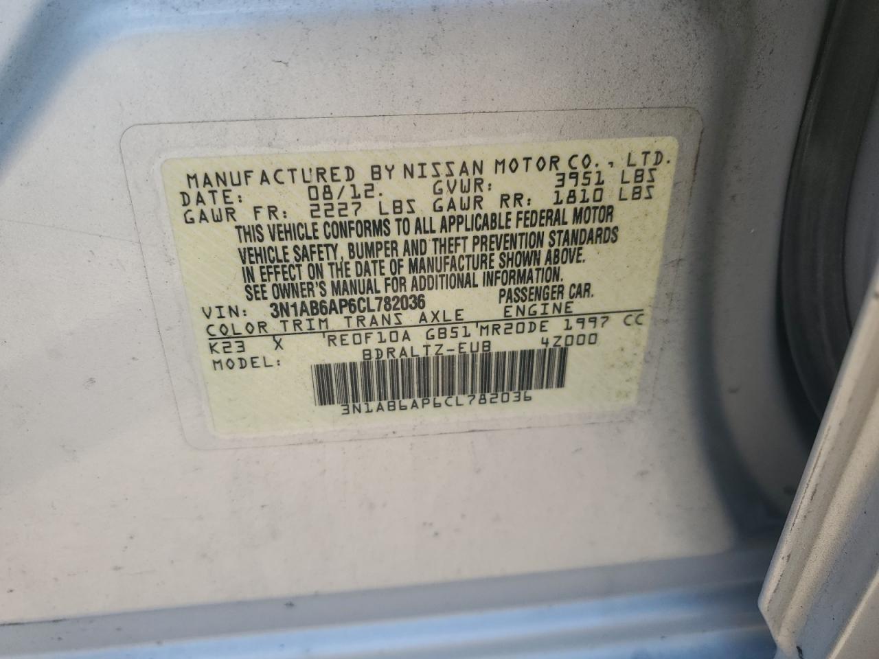 2012 Nissan Sentra 2.0 VIN: 3N1AB6AP6CL782036 Lot: 63052265