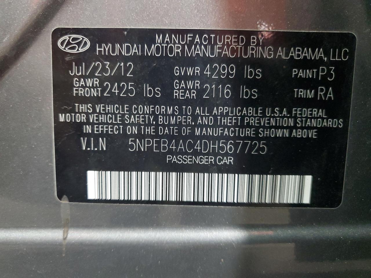2013 Hyundai Sonata Gls VIN: 5NPEB4AC4DH567725 Lot: 63415325