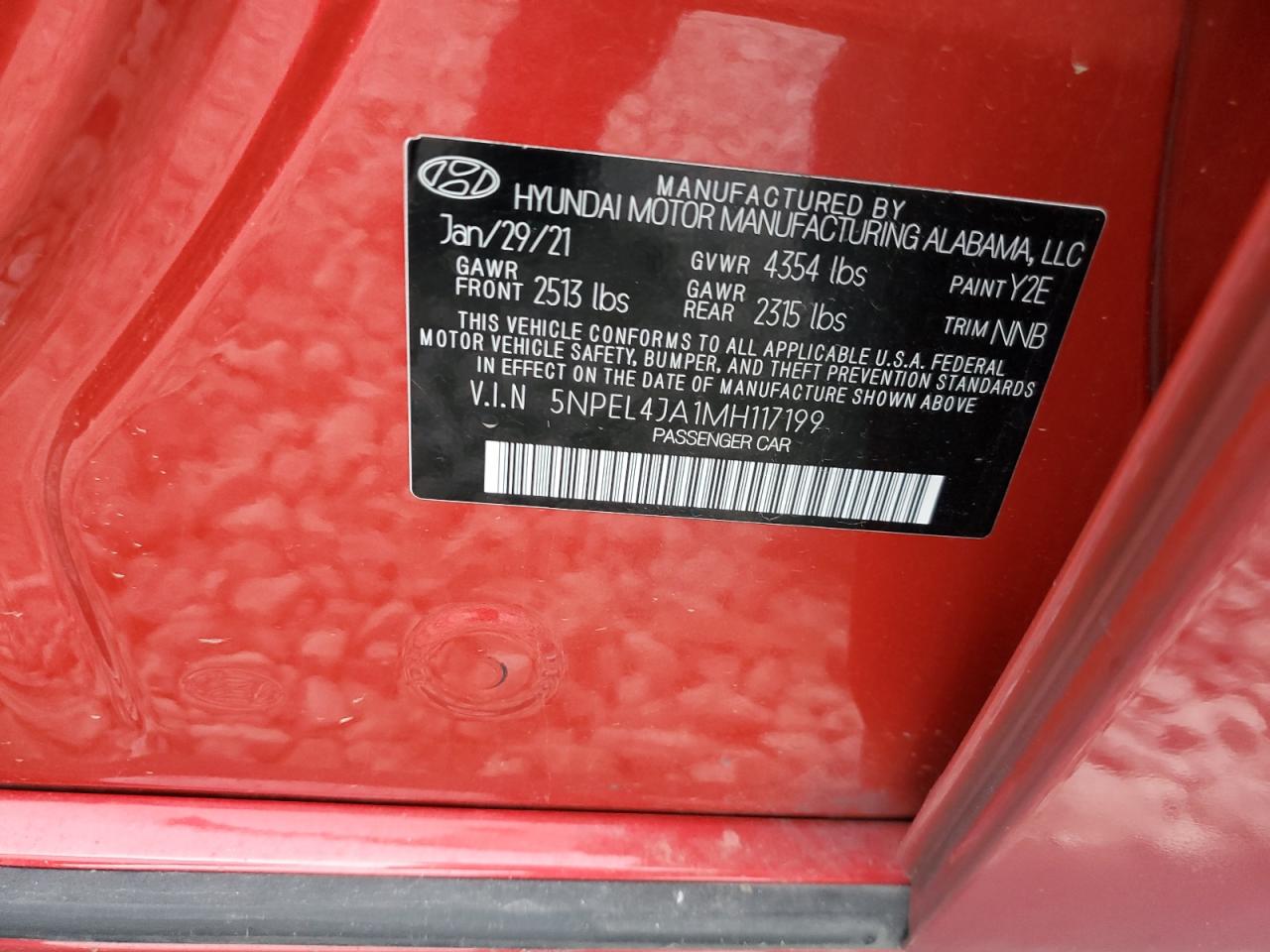 2021 Hyundai Sonata Sel VIN: 5NPEL4JA1MH117199 Lot: 65195905