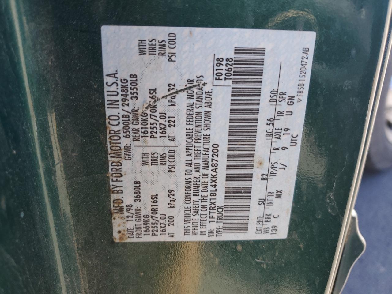 1999 Ford F150 VIN: 1FTRX18L4XKA87200 Lot: 64307305