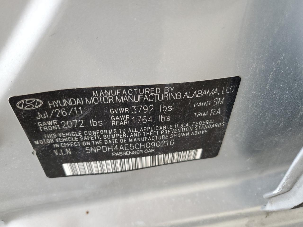 2012 Hyundai Elantra Gls VIN: 5NPDH4AE5CH090216 Lot: 64997965