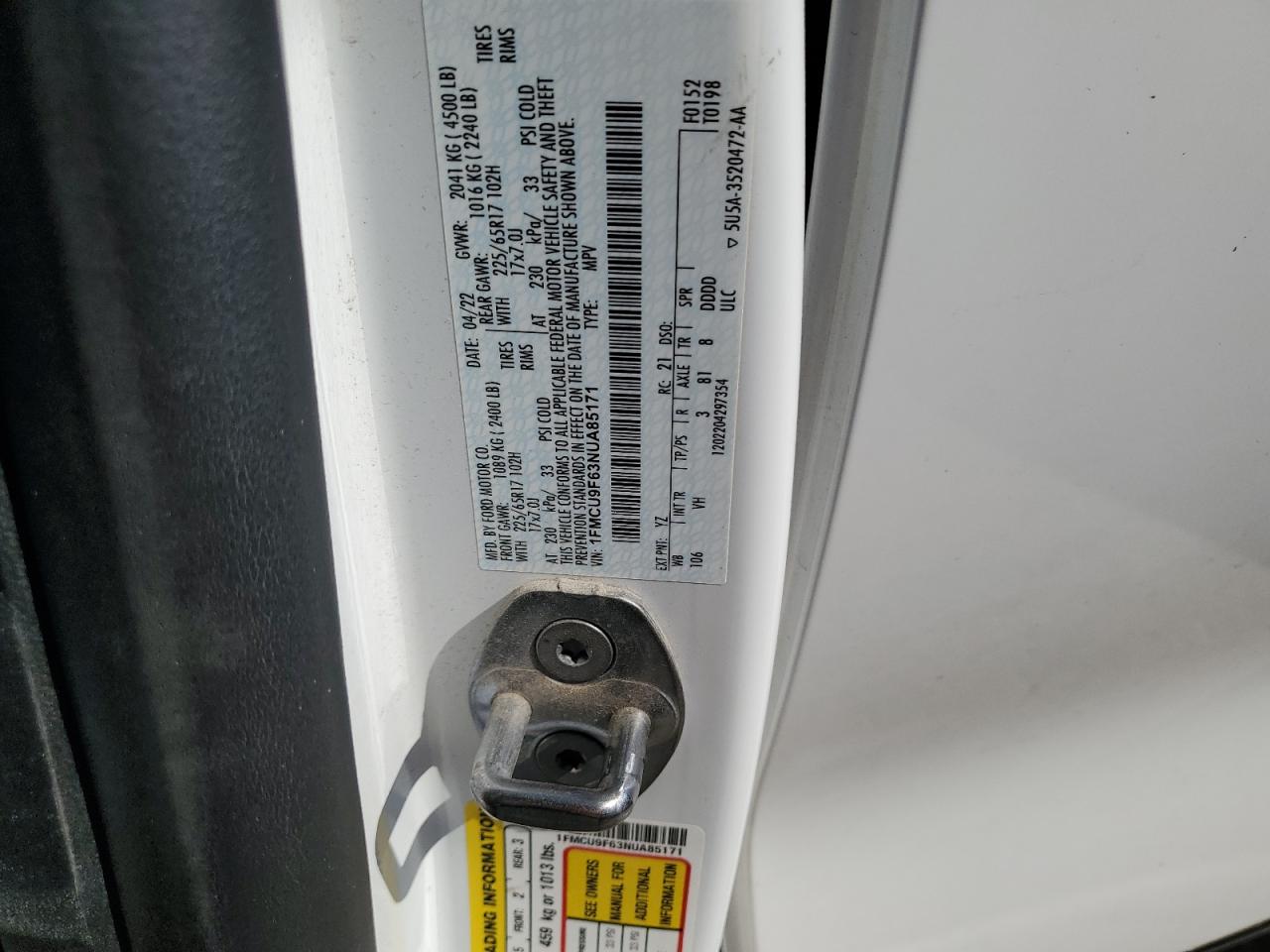 2022 Ford Escape S VIN: 1FMCU9F63NUA85171 Lot: 63433945