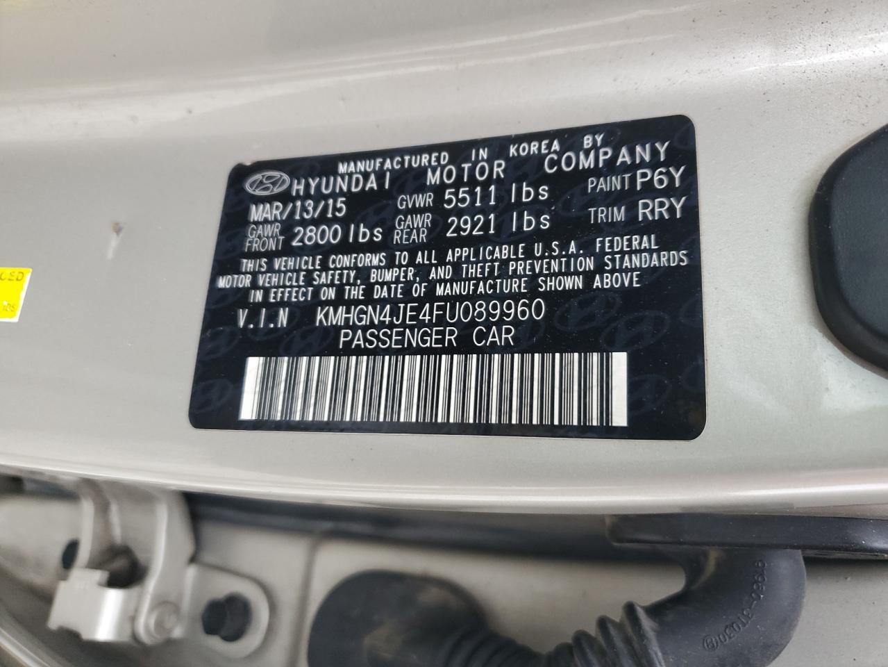 2015 Hyundai Genesis 3.8L VIN: KMHGN4JE4FU089960 Lot: 63114455
