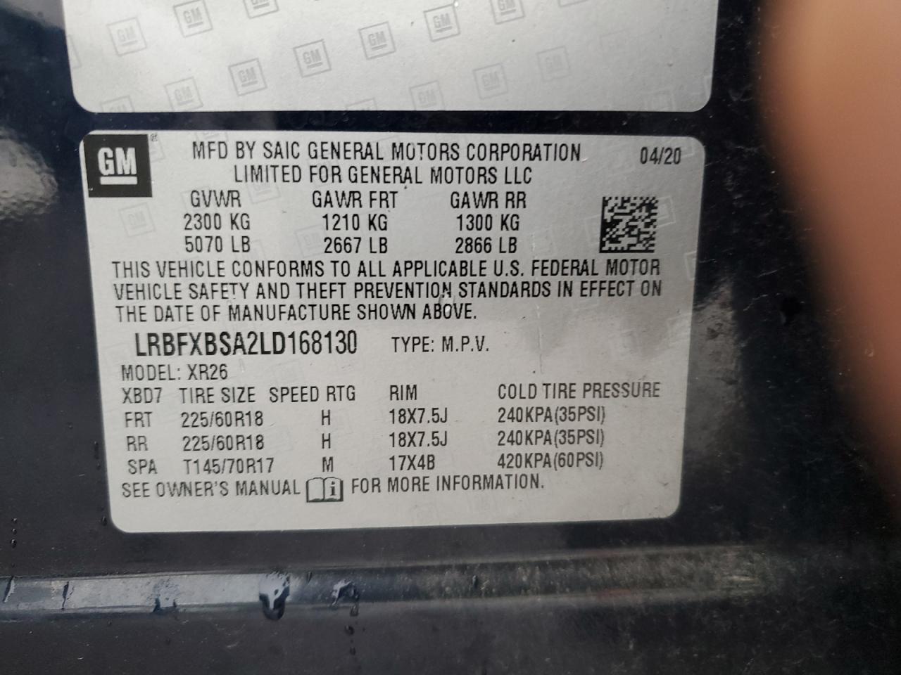 2020 Buick Envision Preferred VIN: LRBFXBSA2LD168130 Lot: 65572215