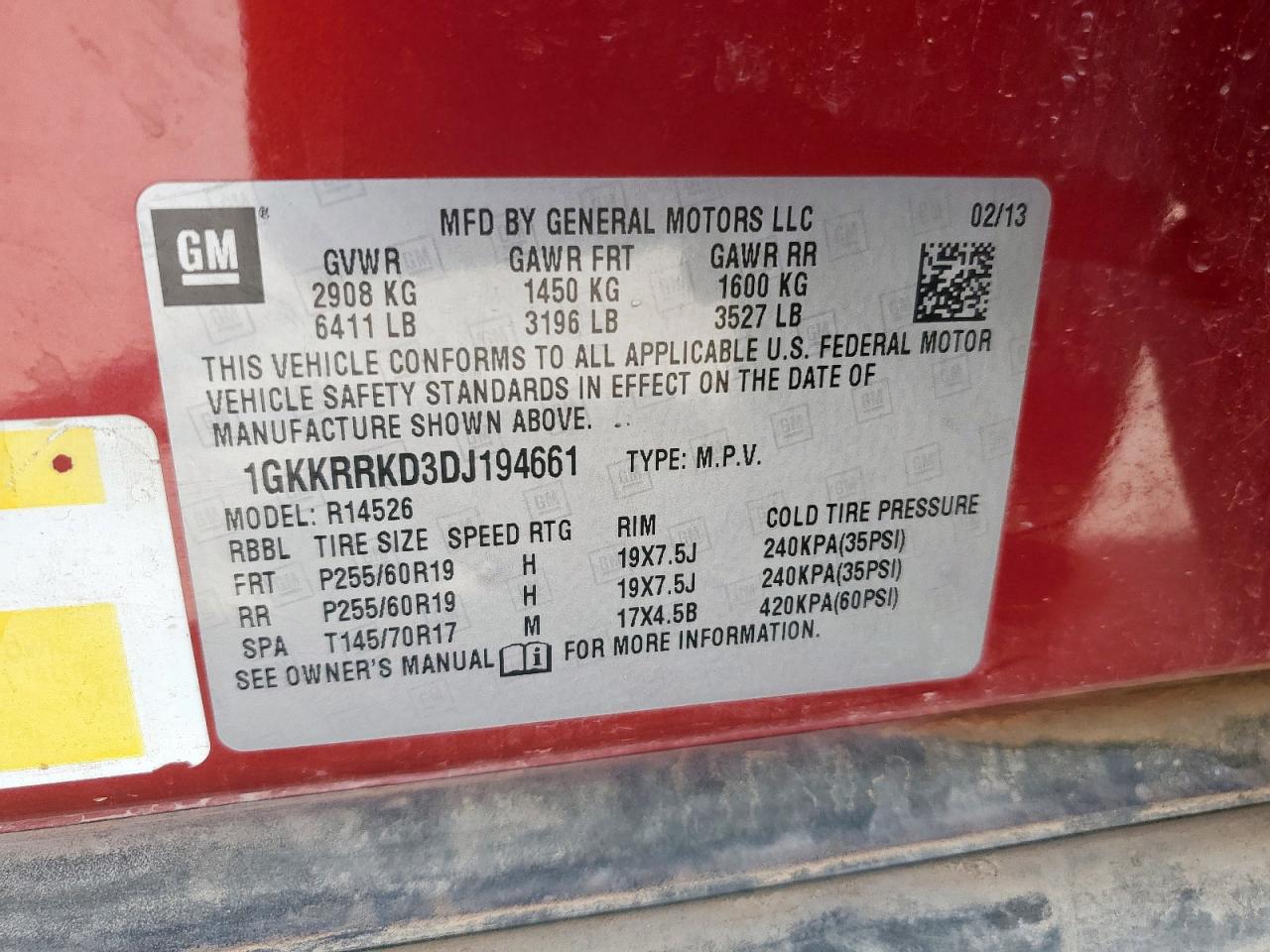 2013 GMC Acadia Slt-1 VIN: 1GKKRRKD3DJ194661 Lot: 90751495