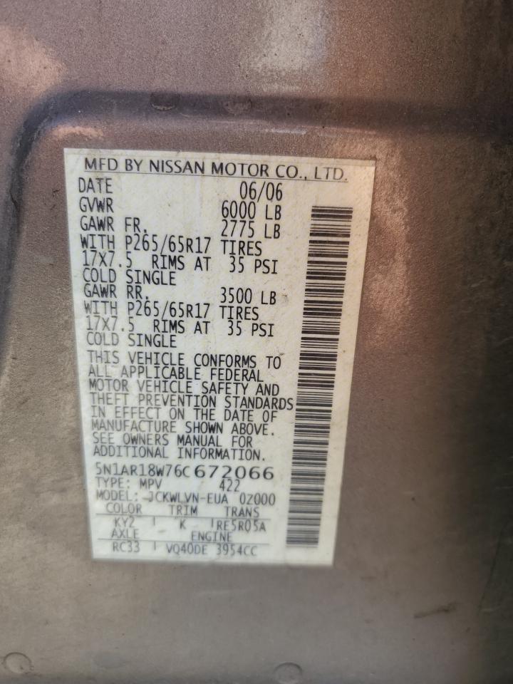 2006 Nissan Pathfinder Le VIN: 5N1AR18W76C672066 Lot: 63267425