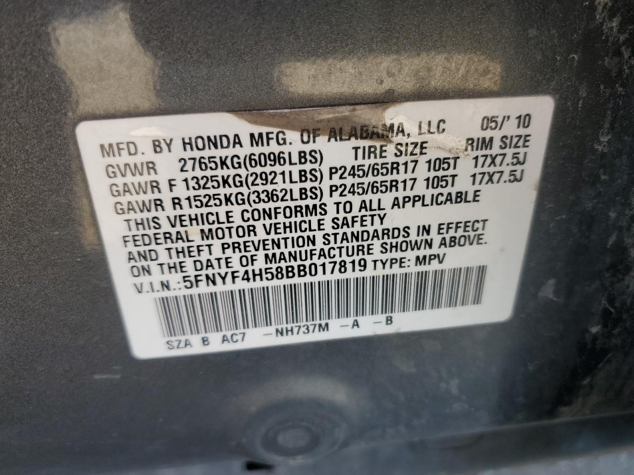 2011 Honda Pilot Exl VIN: 5FNYF18668B000419 Lot: 63331995