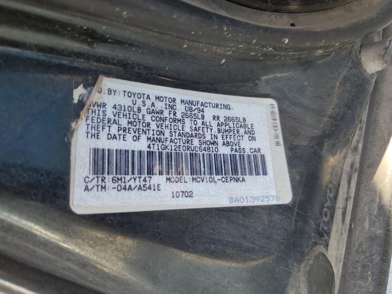 1994 Toyota Camry Le VIN: 4T1GK12E0RU064810 Lot: 66139765