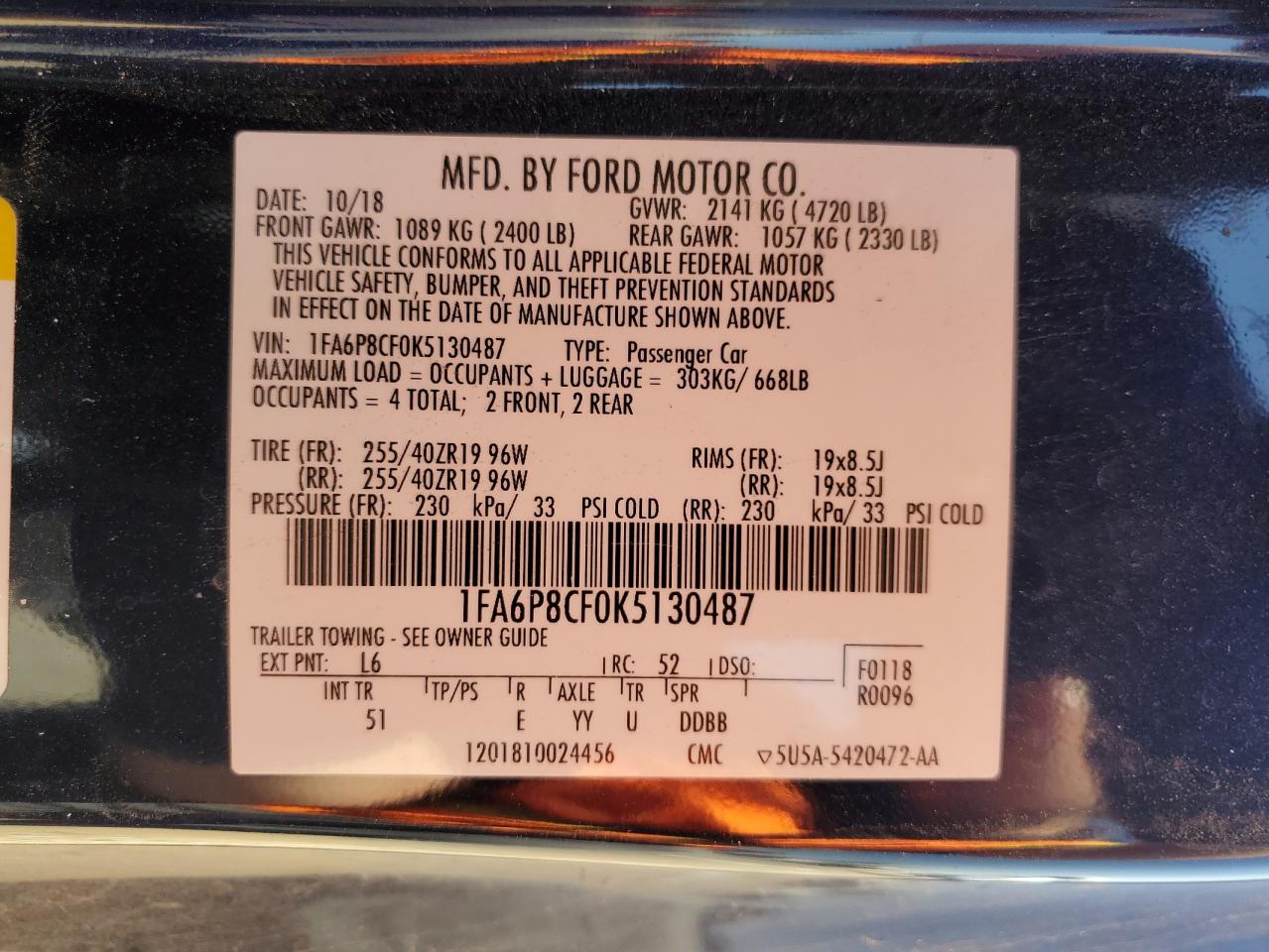 2019 Ford Mustang Gt VIN: 1FA6P8CF0K5130487 Lot: 66893835