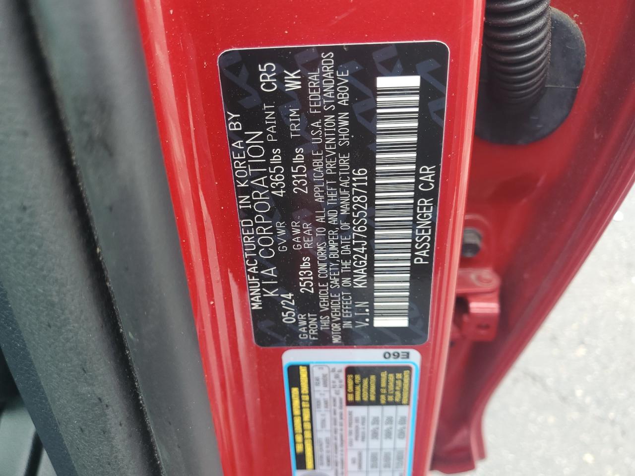 2025 Kia K5 Lxs VIN: KNAG24J76S5287116 Lot: 63357725