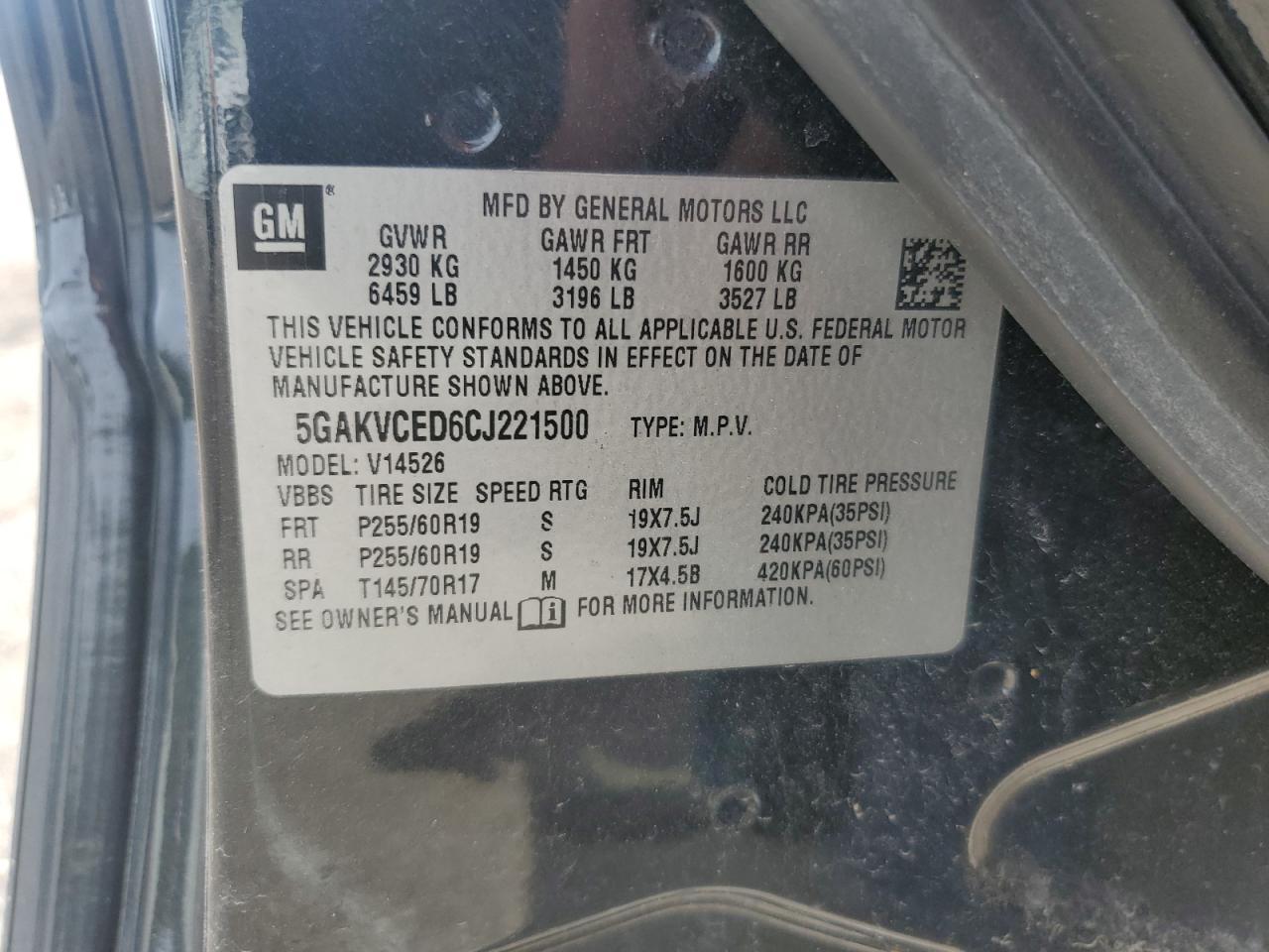 2012 Buick Enclave VIN: 5GAKVCED6CJ221500 Lot: 62956485