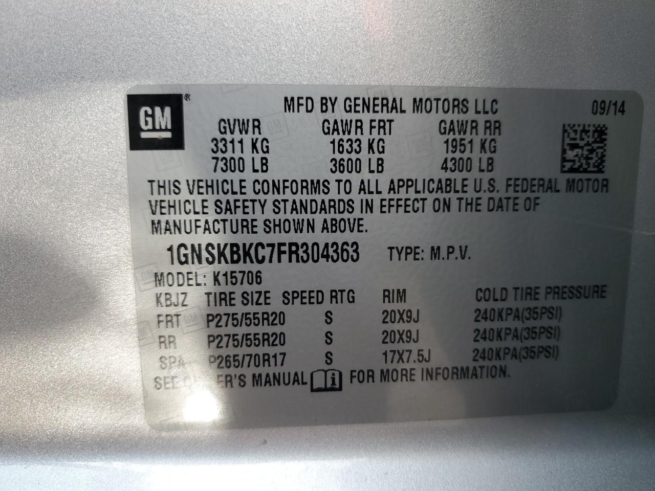 2015 Chevrolet Tahoe K1500 Lt VIN: 1GNSKBKC7FR304363 Lot: 64040735