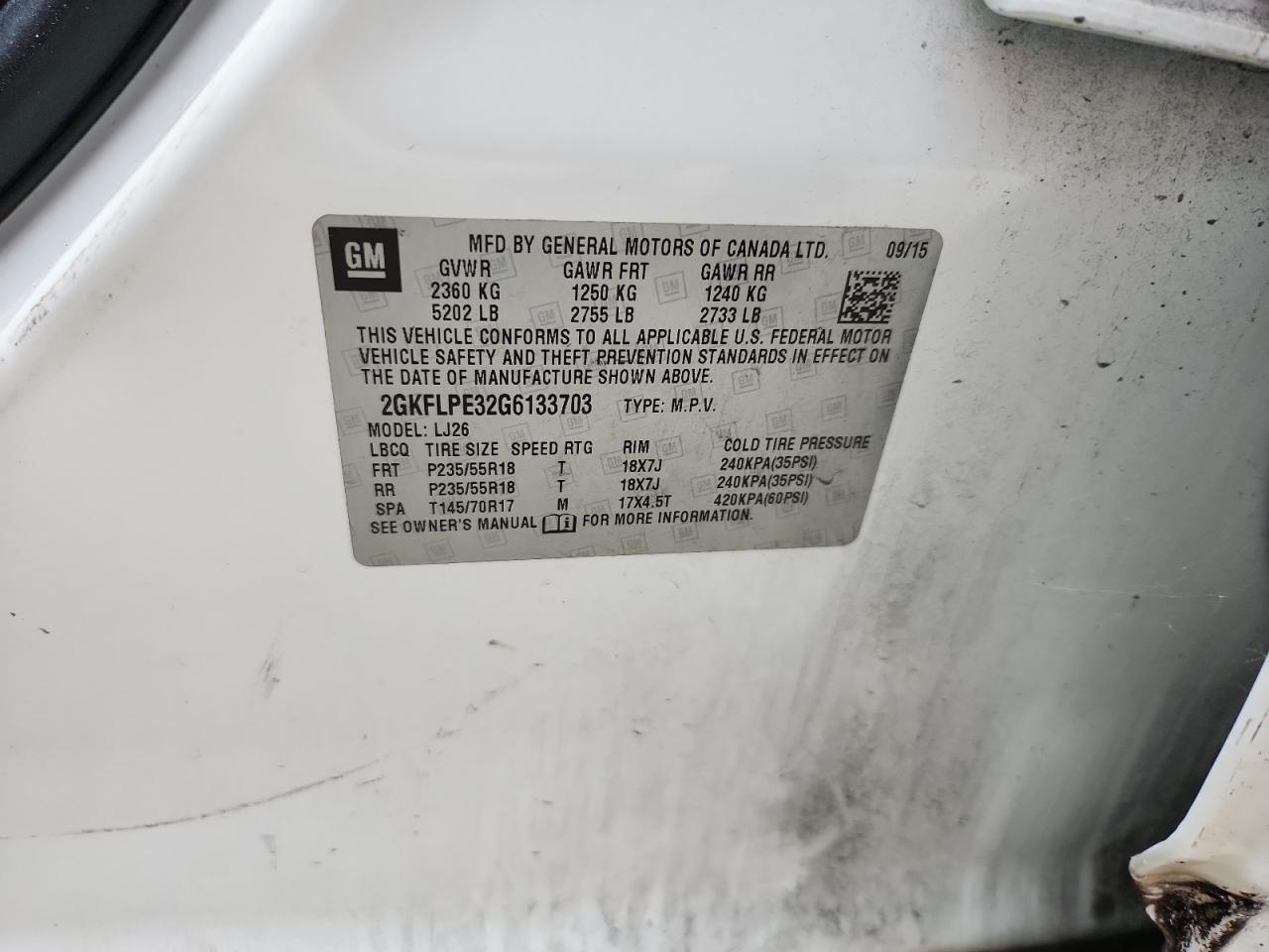 2016 GMC Terrain Slt VIN: 2GKFLPE32G6133703 Lot: 62753255
