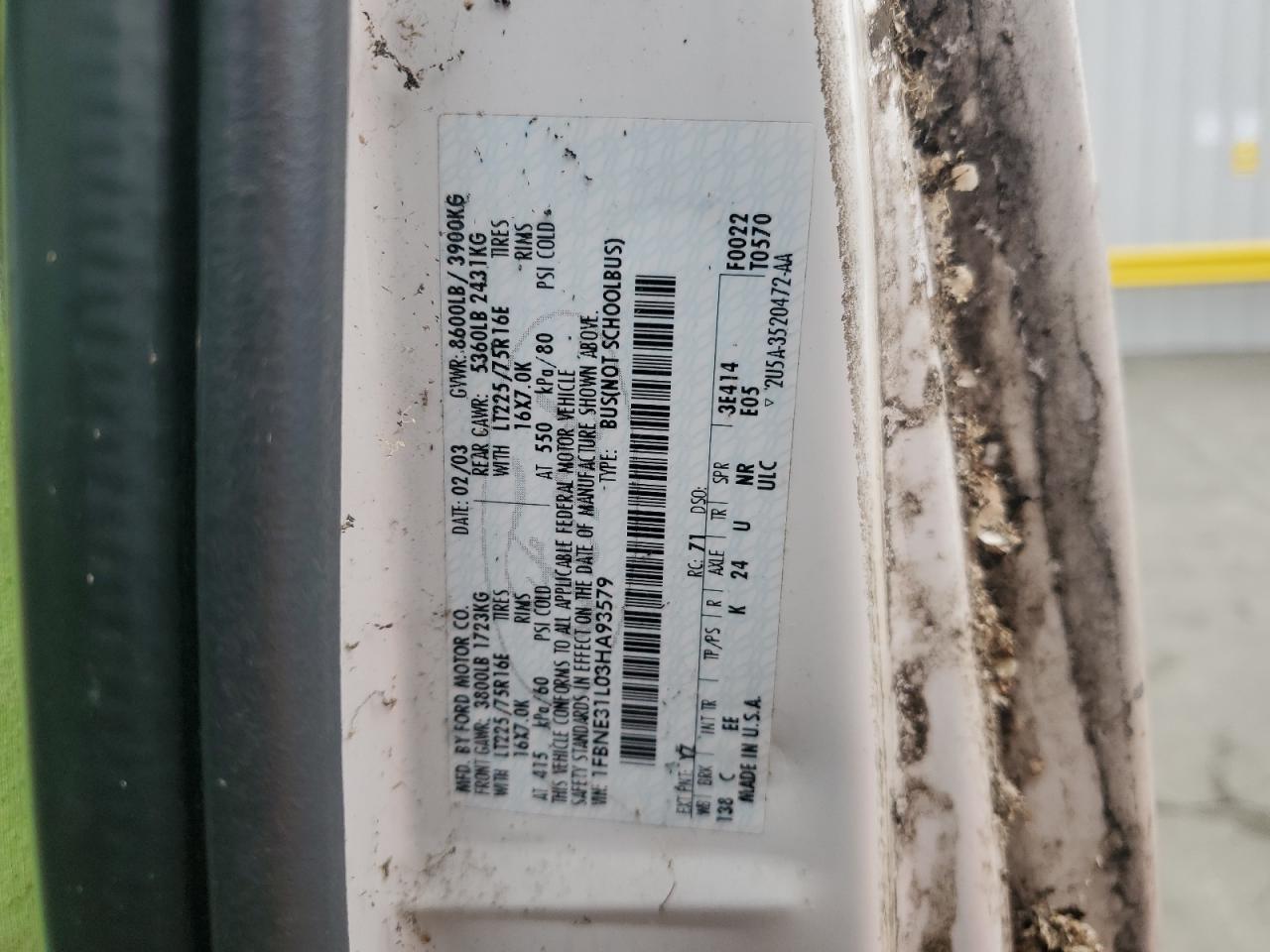 2003 Ford Econoline E350 Super Duty Wagon VIN: 1FBNE31L03HA93579 Lot: 64901495