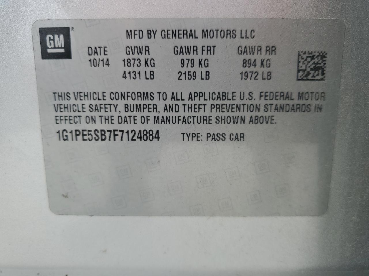2015 Chevrolet Cruze Lt VIN: 1G1PE5SB7F7124884 Lot: 63757175