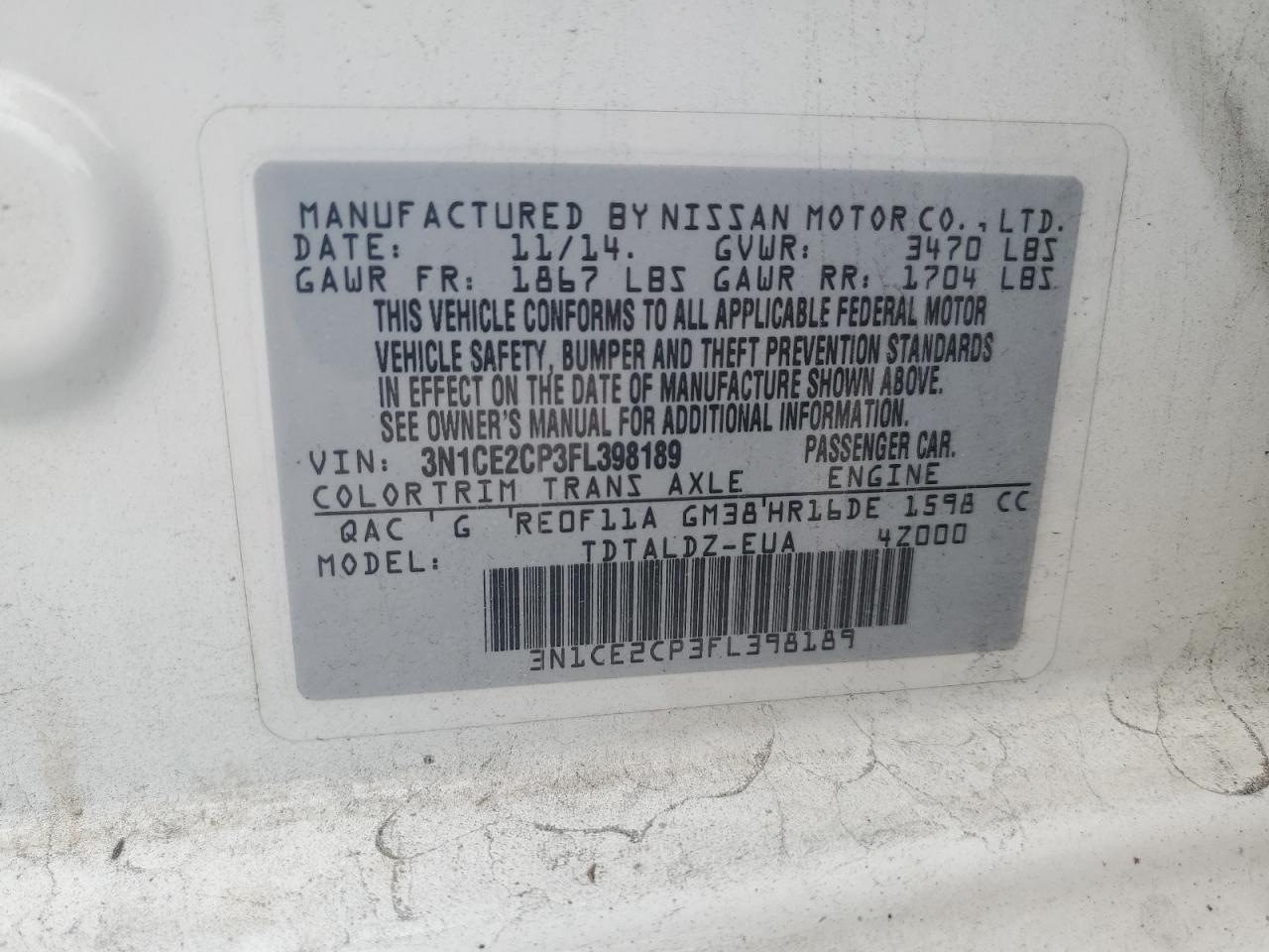 2015 Nissan Versa Note S VIN: 3N1CE2CP3FL398189 Lot: 61081185