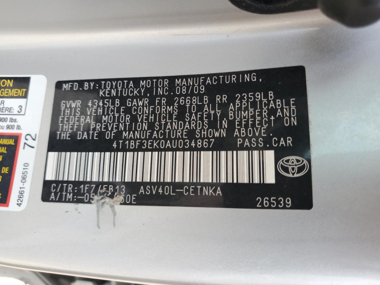 2010 Toyota Camry Base VIN: 4T1BF3EK0AU034867 Lot: 64426015