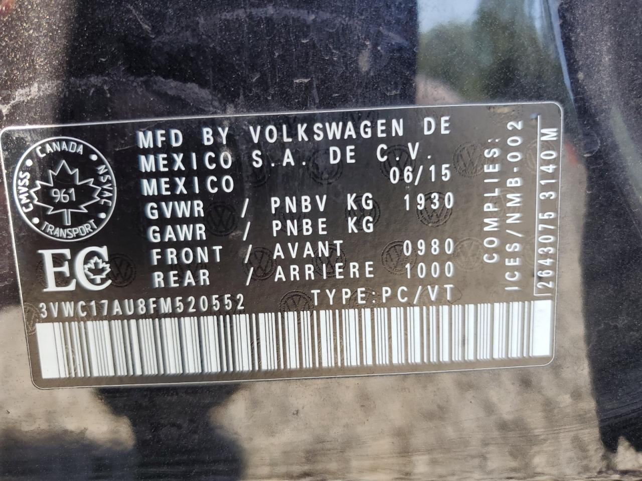 2015 Volkswagen Golf Sportwagen S VIN: 3VWC17AU8FM520552 Lot: 64172485