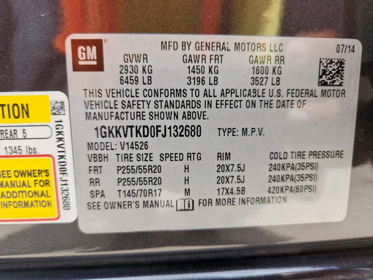 2015 GMC Acadia Denali VIN: 1GKKVTKD0FJ132680 Lot: 65191805