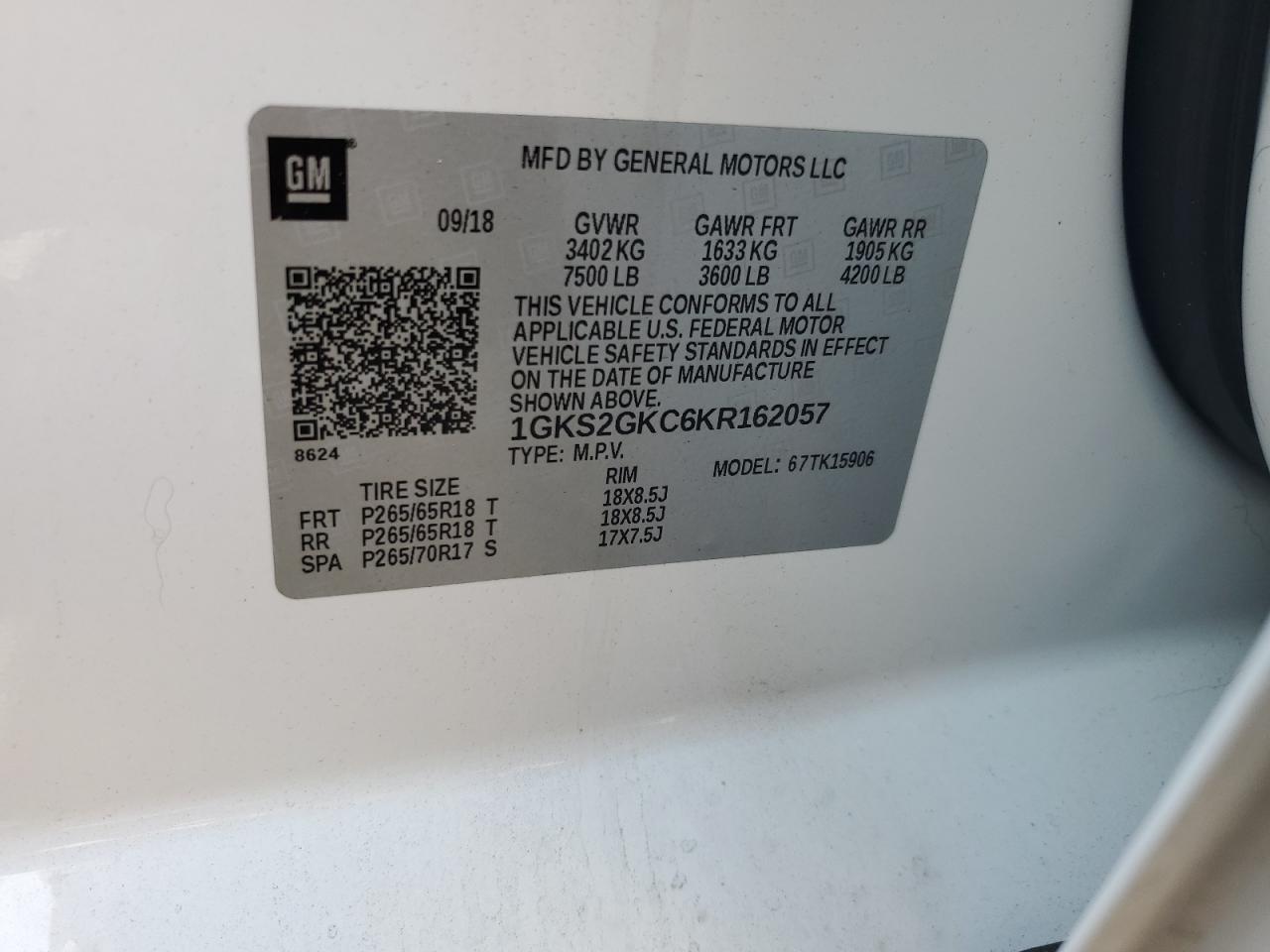 2019 GMC Yukon Xl K1500 Slt VIN: 1GKS2GKC6KR162057 Lot: 65771855