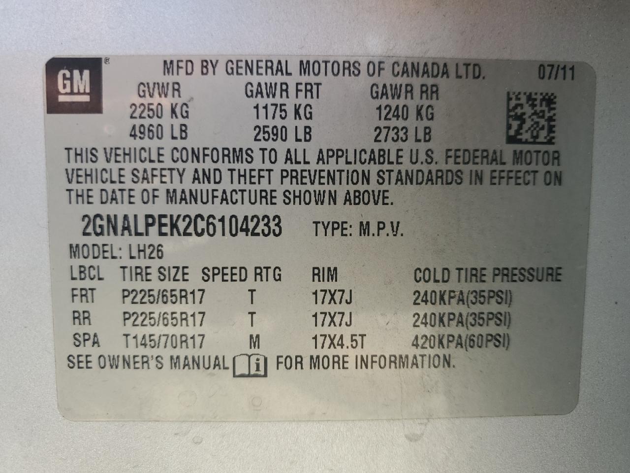 2012 Chevrolet Equinox Lt VIN: 2GNALPEK2C6104233 Lot: 64997155