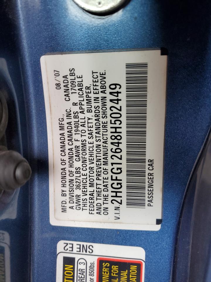 2008 Honda Civic Lx VIN: 2HGFG12648H502449 Lot: 64566105