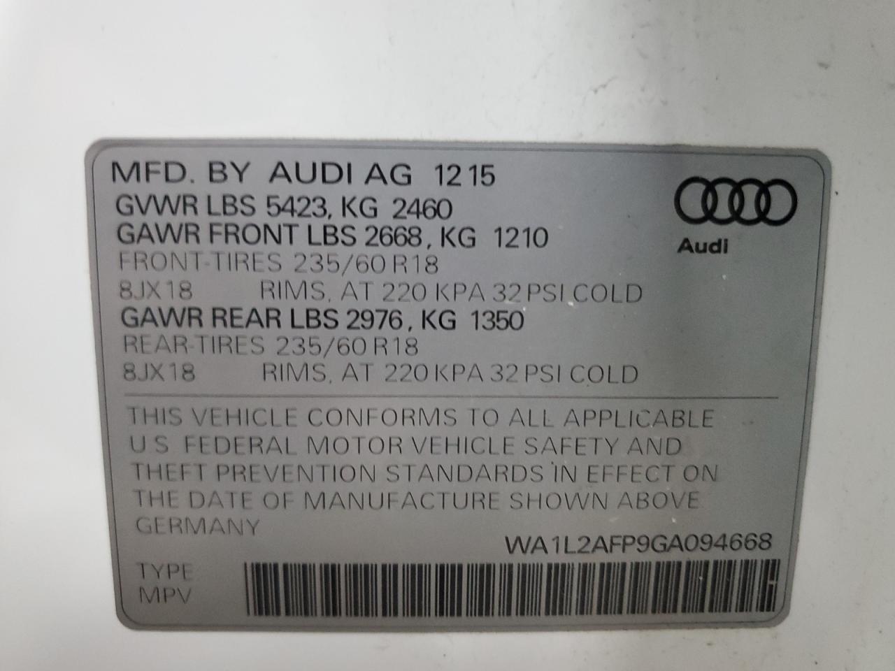 2016 Audi Q5 Premium Plus VIN: WA1L2AFP9GA094668 Lot: 64376525
