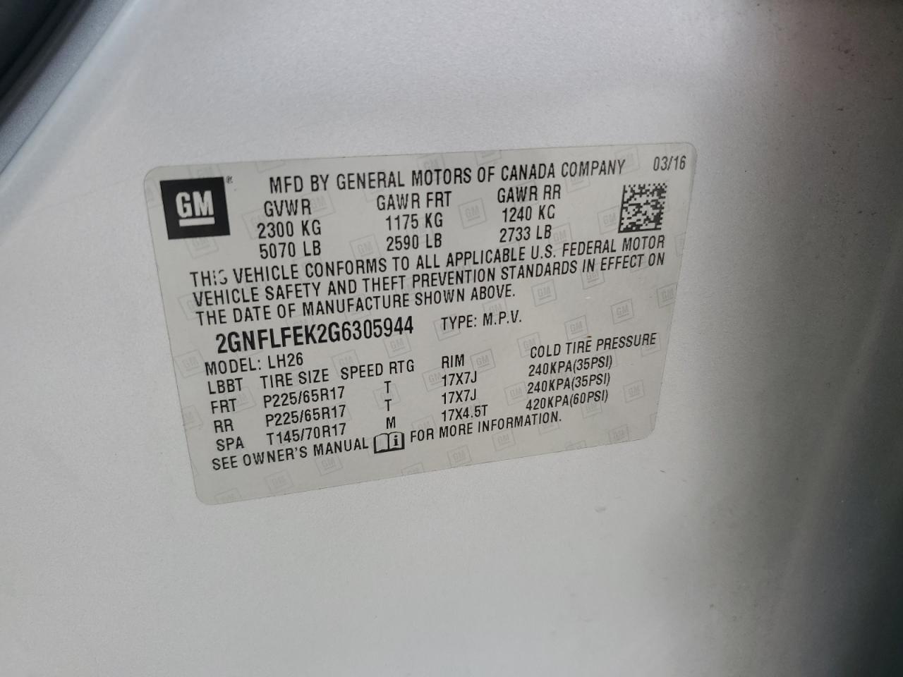 2016 Chevrolet Equinox Lt VIN: 2GNFLFEK2G6305944 Lot: 65201605