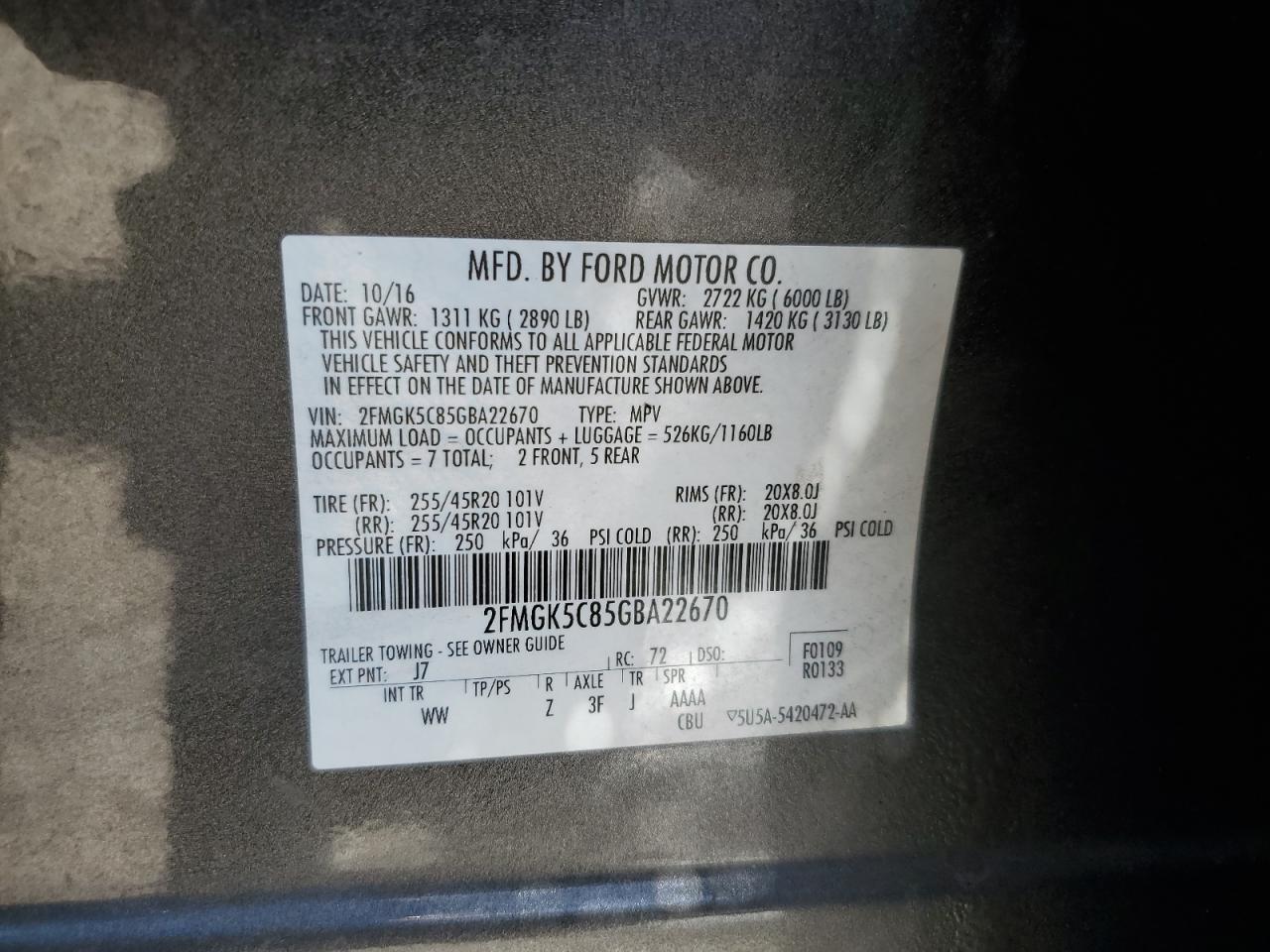 2016 Ford Flex Sel VIN: 2FMGK5C85GBA22670 Lot: 64102055