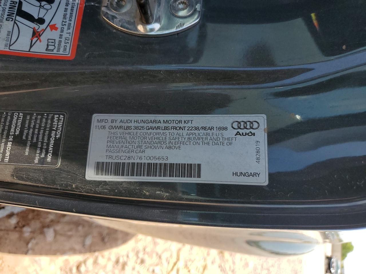 2006 Audi Tt VIN: TRUSC28N761005653 Lot: 63819085