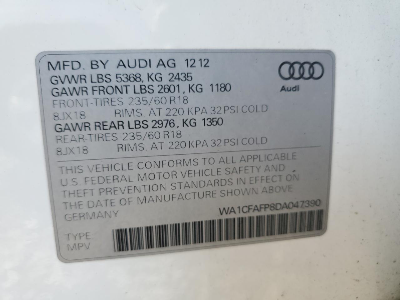 2013 Audi Q5 Premium VIN: WA1CFAFP8DA047390 Lot: 66304535