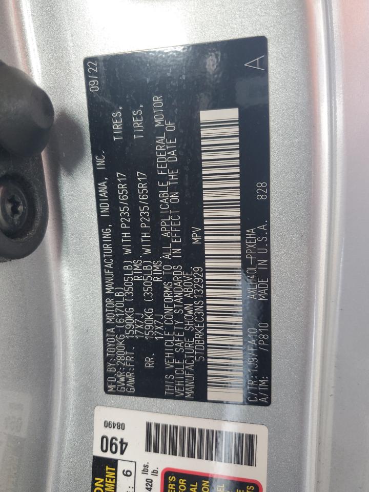 2022 Toyota Sienna Le VIN: 5TDBRKEC3NS132929 Lot: 63607115