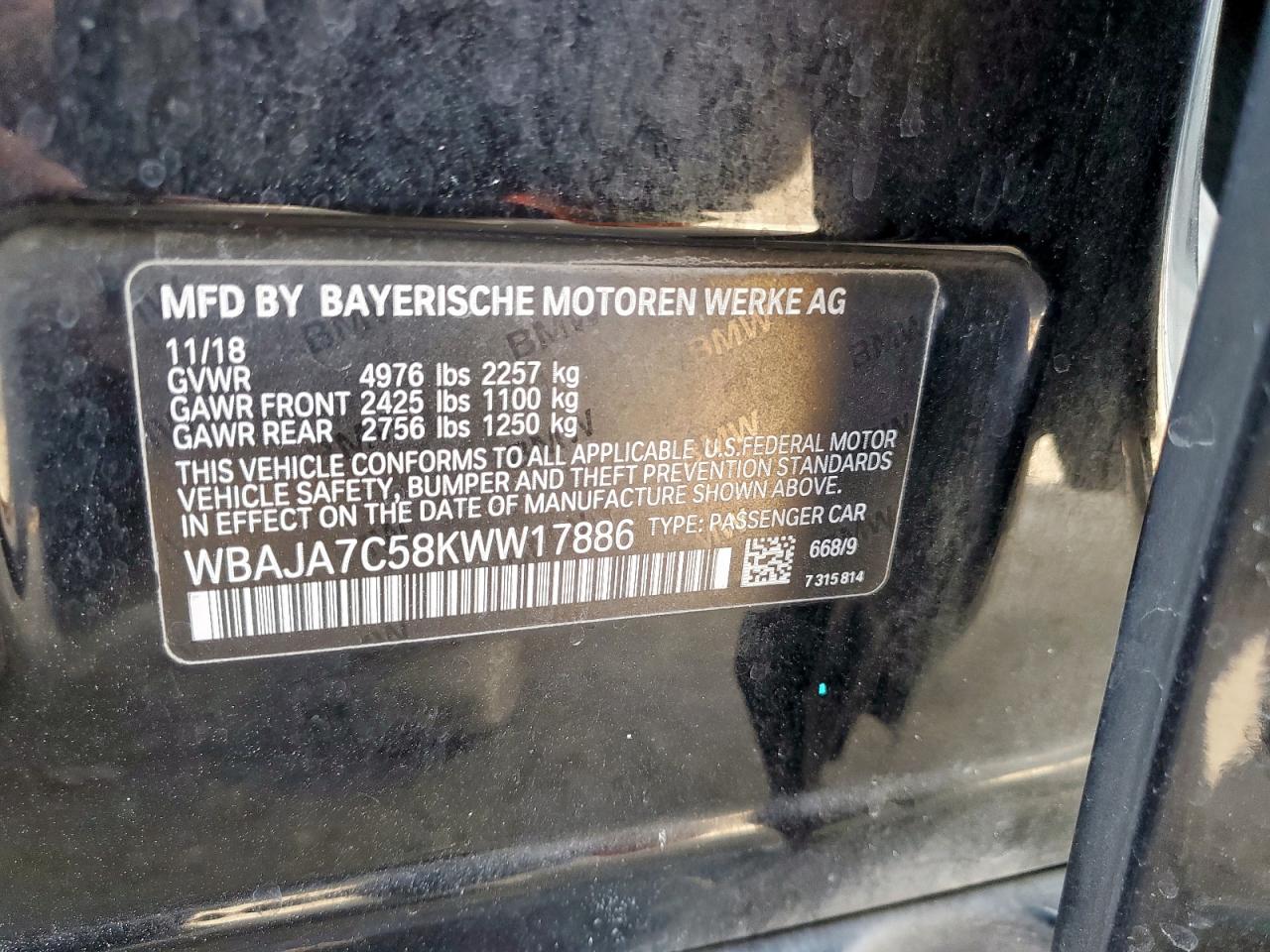 2019 BMW 530 Xi VIN: WBAJA7C58KWW17886 Lot: 64763045