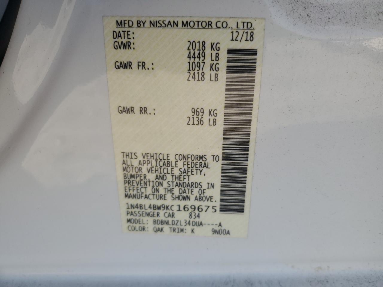 2019 Nissan Altima S VIN: 1N4BL4BW9KC169675 Lot: 63981355