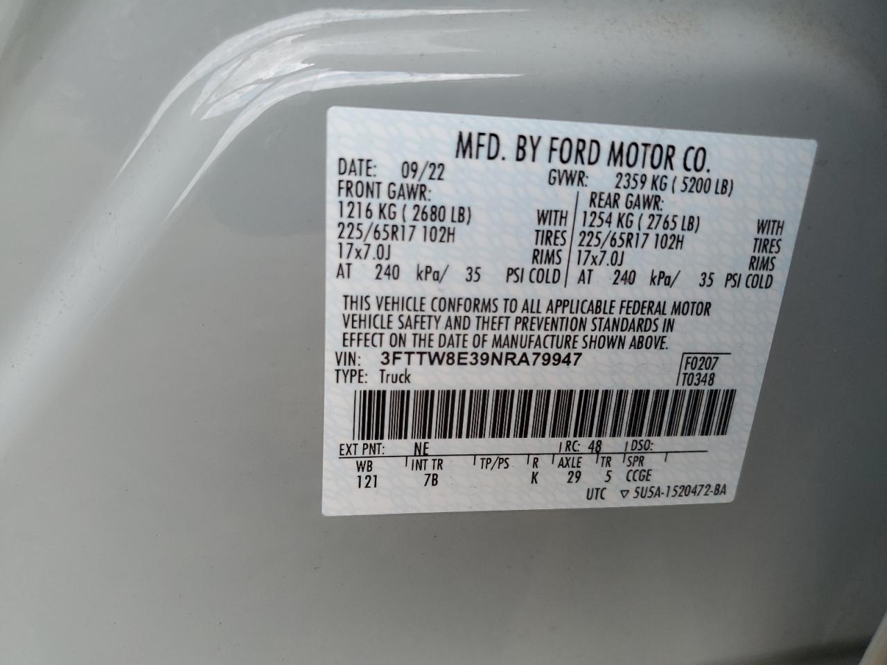 3fttw8e39nra79947 3FTTW8E39NRA79947 2022 Ford Maverick Xl