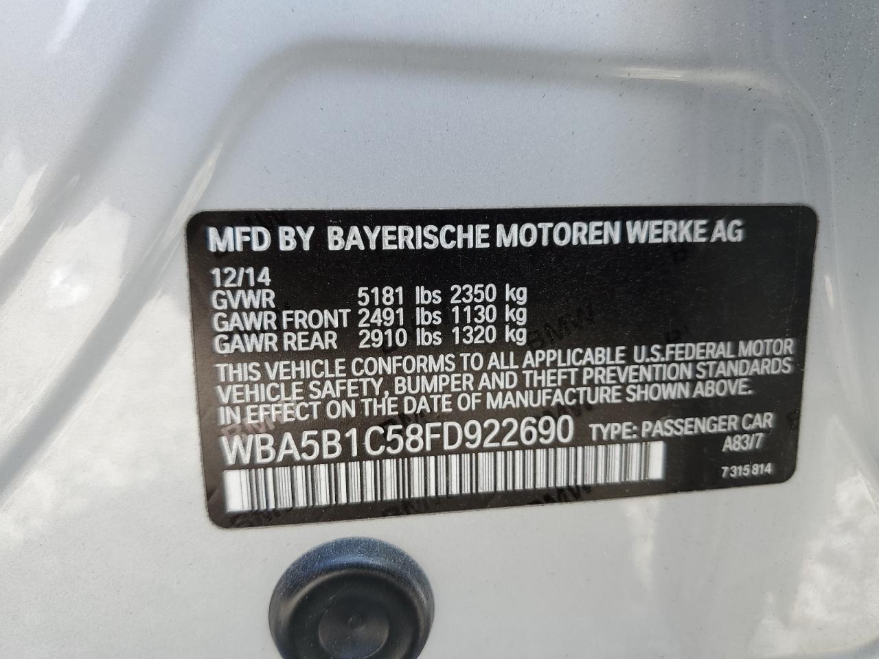 2015 BMW 535 I VIN: WBA5B1C58FD922690 Lot: 64791135