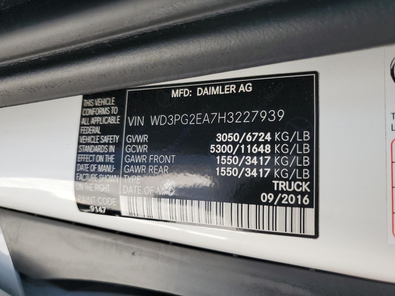 2017 Mercedes-Benz Metris VIN: WD3PG2EA7H3227939 Lot: 64217235