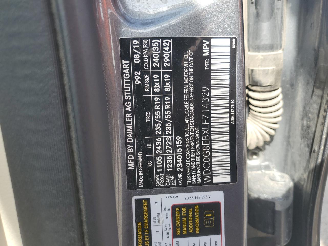 2020 Mercedes-Benz Glc 300 4Matic VIN: WDC0G8EBXLF714329 Lot: 66508455