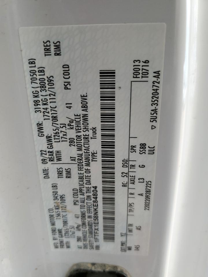 2022 Ford F150 Super Cab VIN: 1FTFX1E58NKE84804 Lot: 63638795