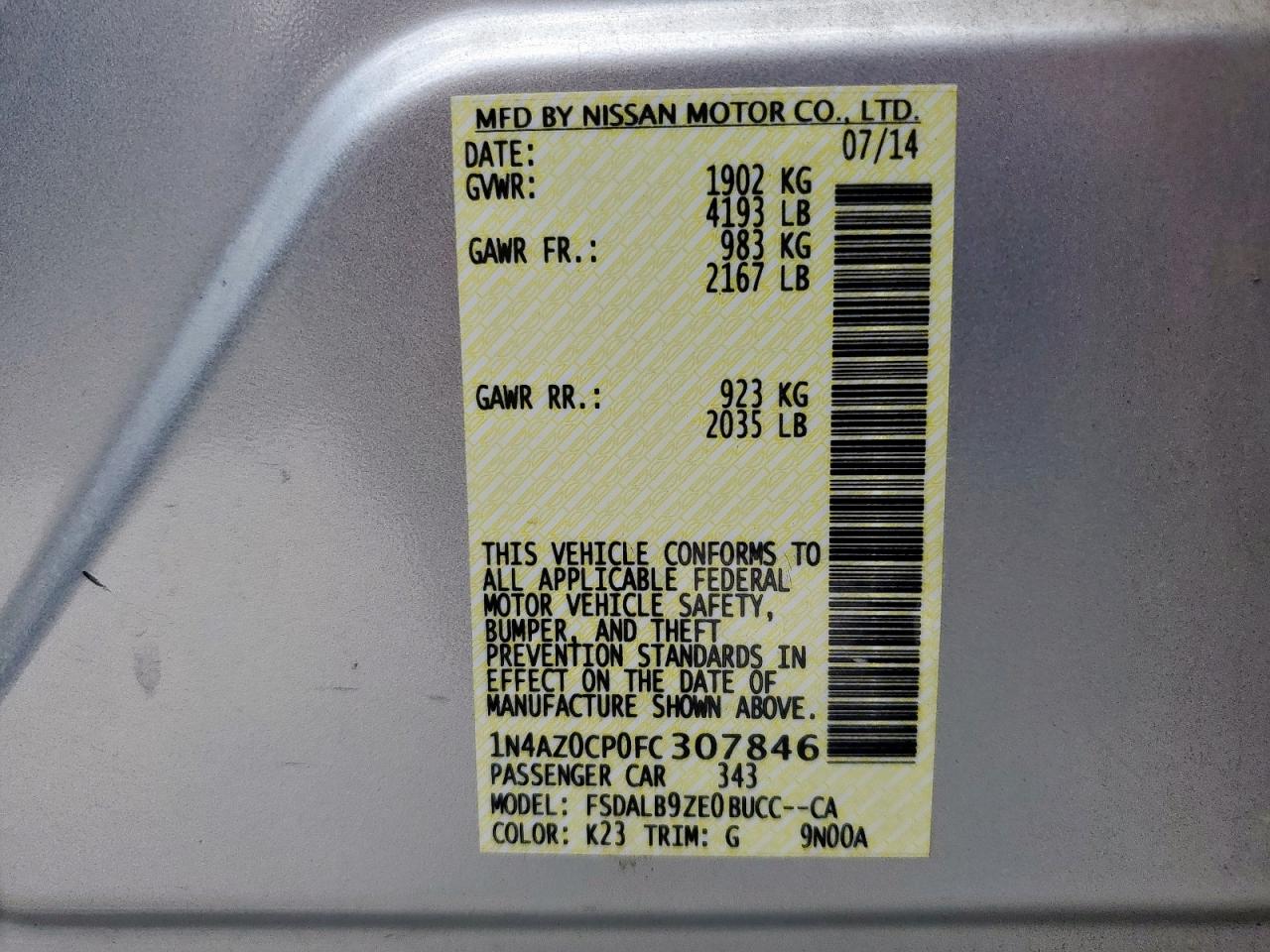 2015 Nissan Leaf S VIN: 1N4AZ0CP0FC307846 Lot: 63156635