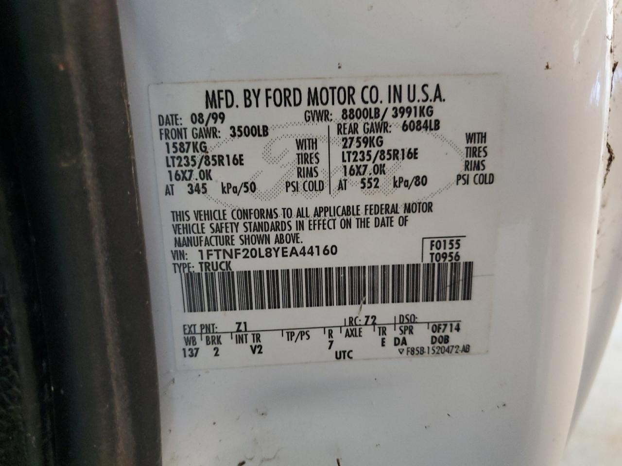 2000 Ford F250 Super Duty VIN: 1FTNF20L8YEA44160 Lot: 63943415