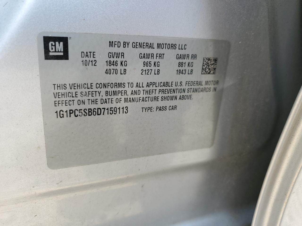 2013 Chevrolet Cruze Lt VIN: 1G1PC5SB6D7159113 Lot: 65019855