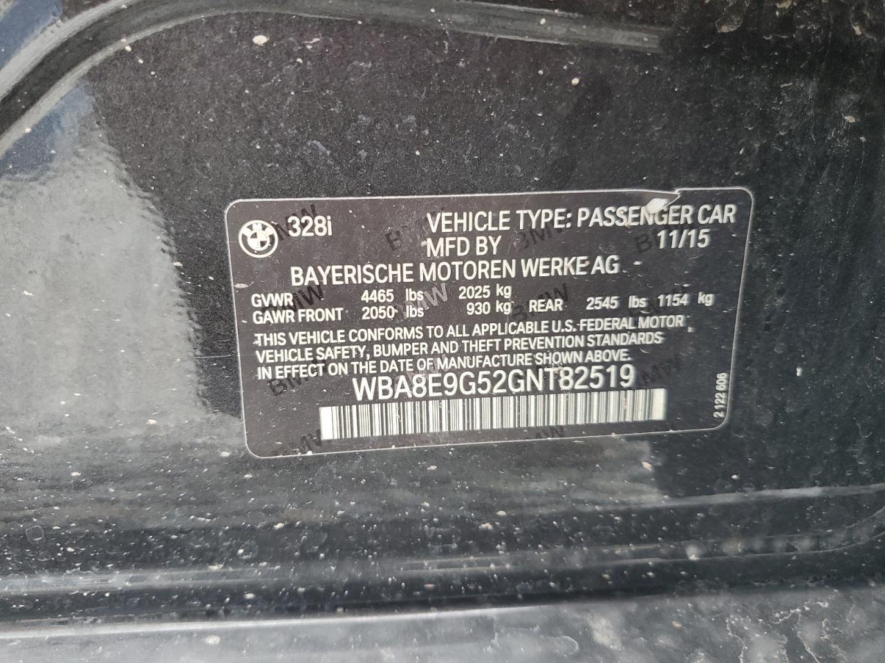 2016 BMW 328 I Sulev VIN: WBA8E9G52GNT82519 Lot: 63219015