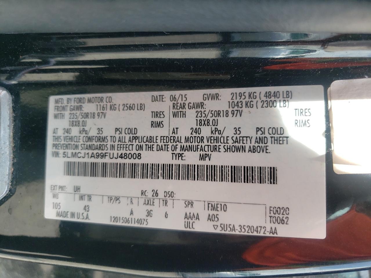 2015 Lincoln Mkc VIN: 5LMCJ1A99FUJ48008 Lot: 66522655