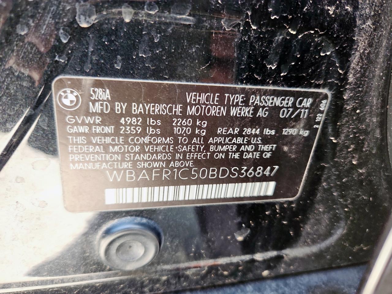 2011 BMW 528 I VIN: WBAFR1C50BDS36847 Lot: 65758595