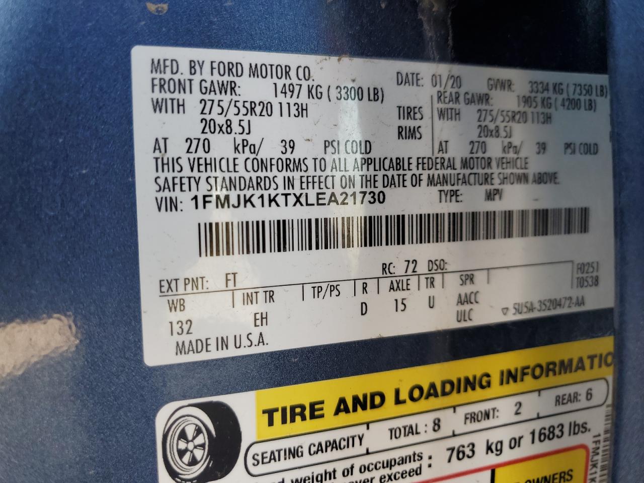 2020 Ford Expedition Max Limited VIN: 1FMJK1KTXLEA21730 Lot: 66875385