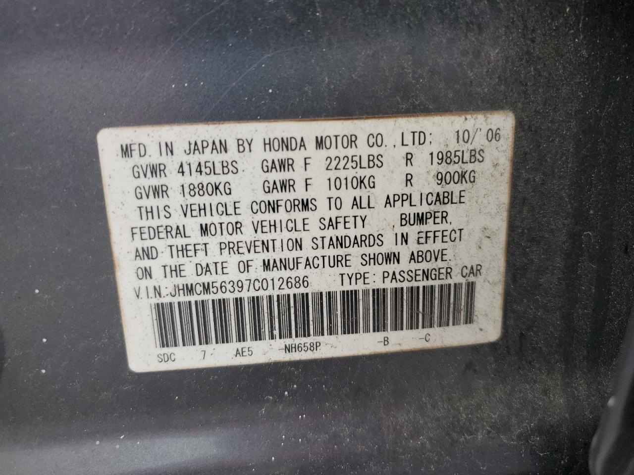 2007 Honda Accord Se VIN: JHMCM56397C012686 Lot: 64239585